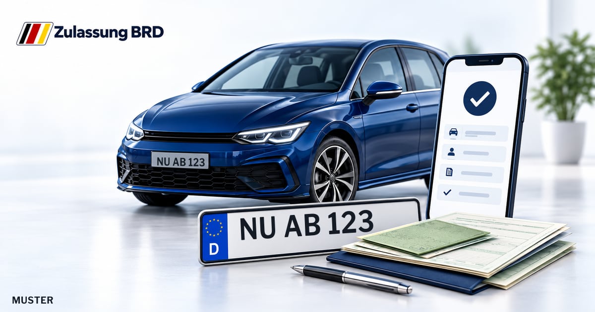 Online Fahrzeugzulassung in Vöhringen: Musterkennzeichen NU AB 123, Auto und Fahrzeugpapiere und Smartphone. Illustration mit Logo von Zulassung BRD.